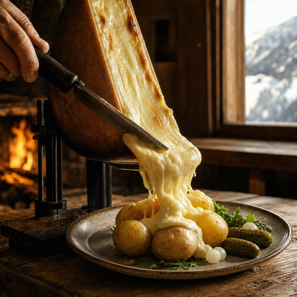 Melted raclette cheese scraped over potatoes in a Swiss alpine chalet