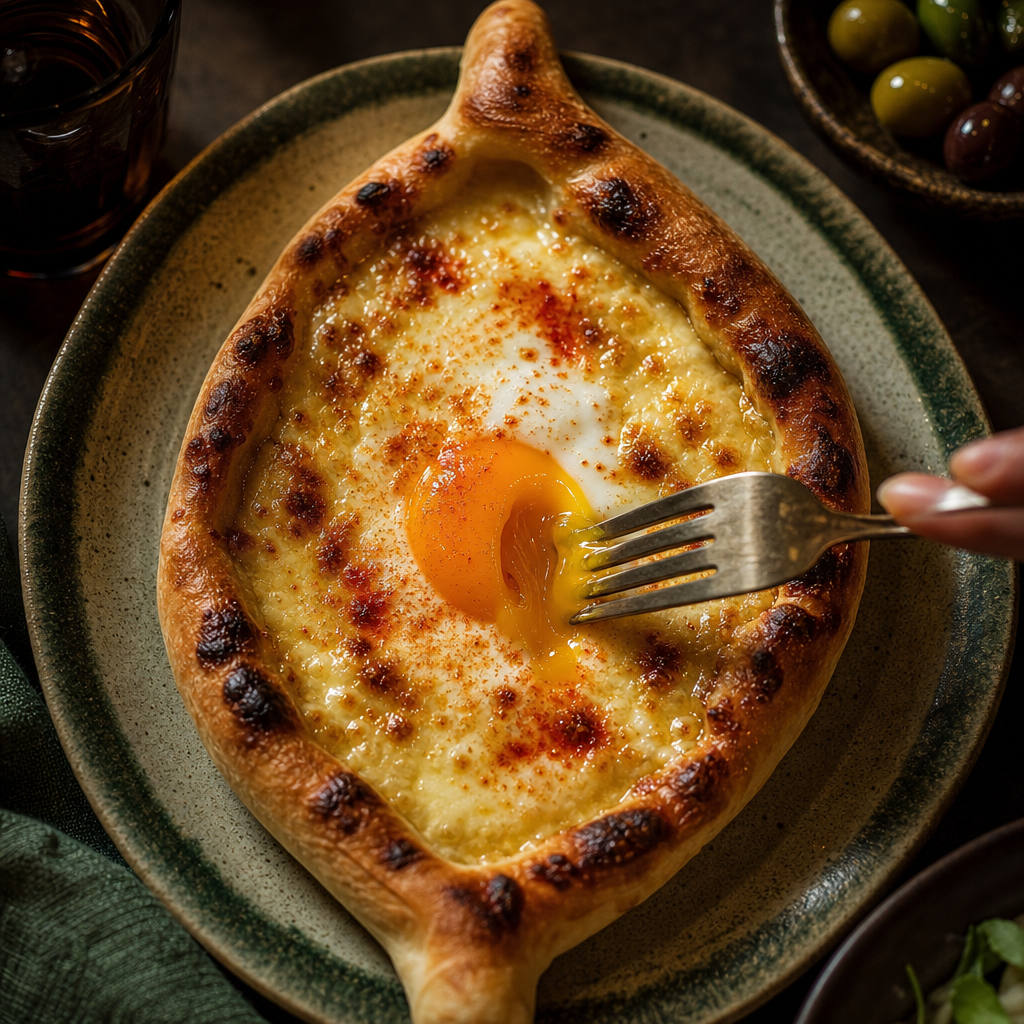 Khachapuri with a runny egg yolk at a Georgian restaurant table