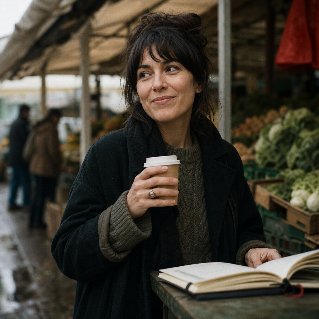 Aneta at a market stall, coffee in hand, notebook open