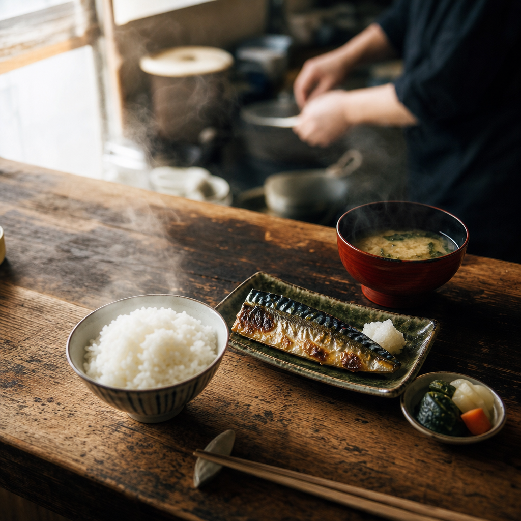 A steaming bowl of rice and grilled fish at a tiny Tokyo breakfast counter