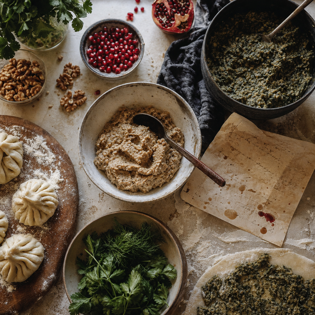 Home kitchen counter covered in Georgian dishes, walnuts and herbs