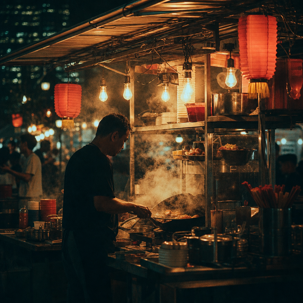 Night market hawker stall in Singapore glowing with steam and lanterns