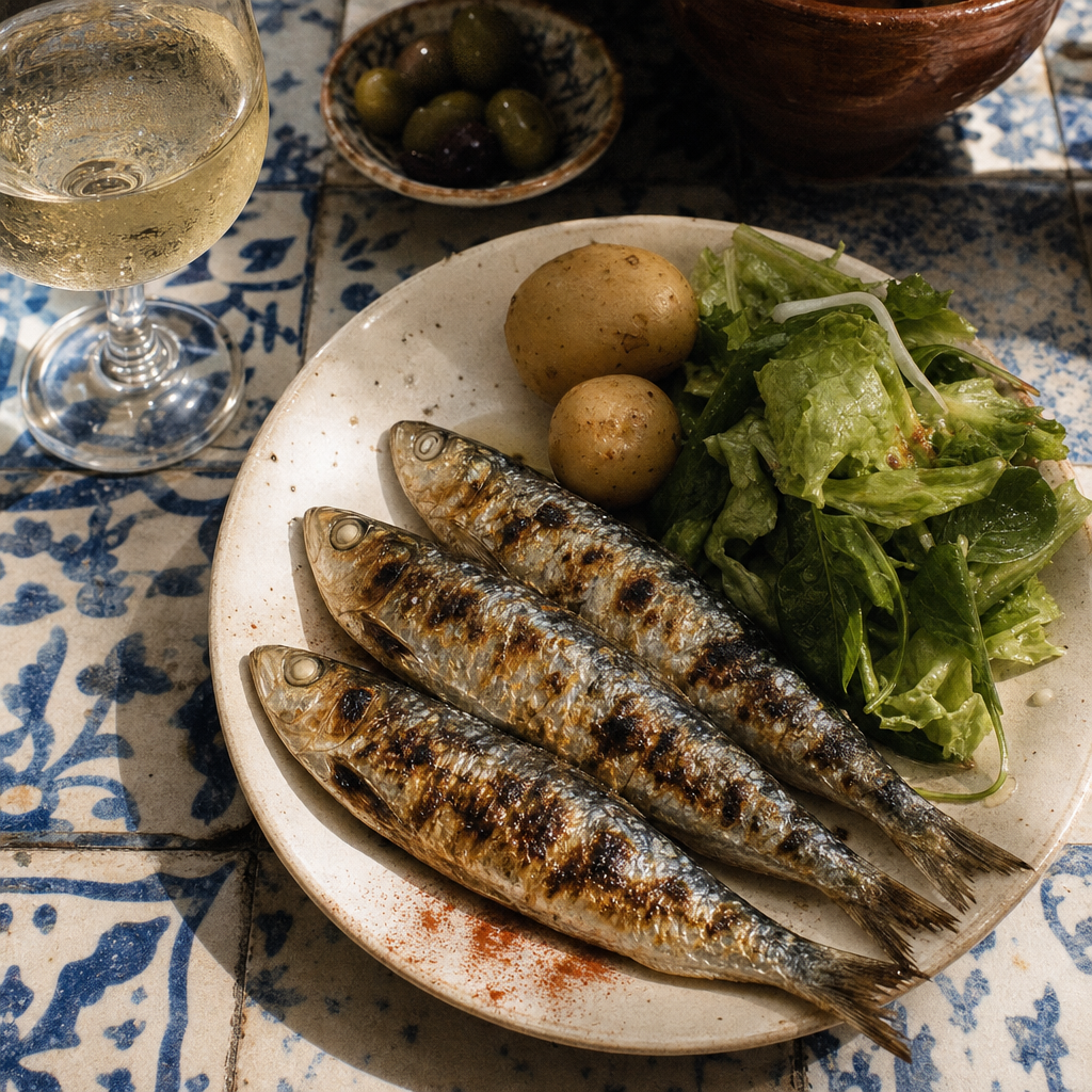 Grilled sardines and vinho verde on a tiled tasca table in Lisbon