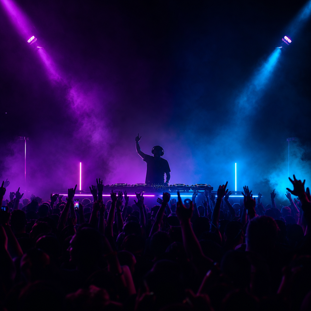Crowd and DJ silhouette under purple and cyan lights