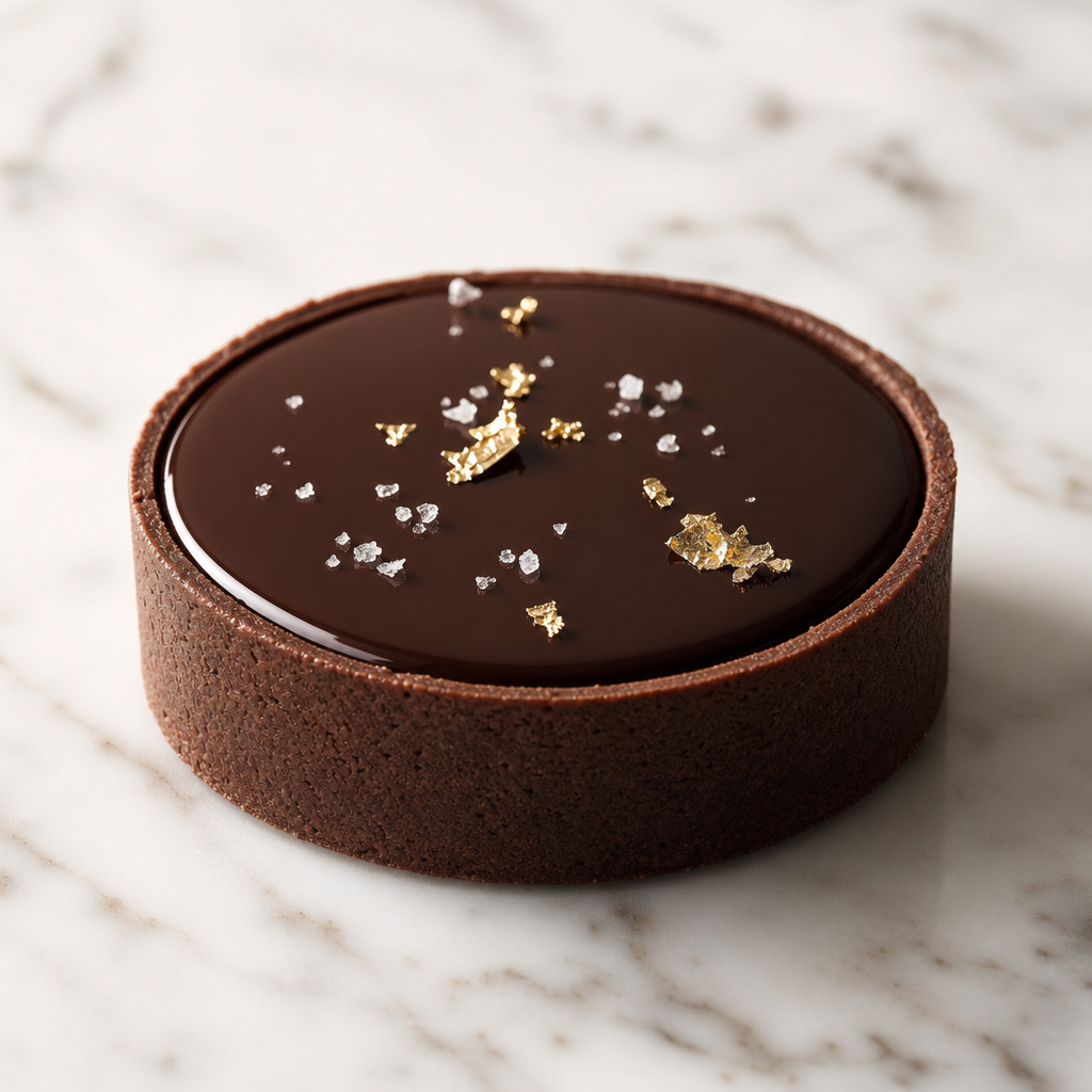 Dark chocolate tart with gold leaf