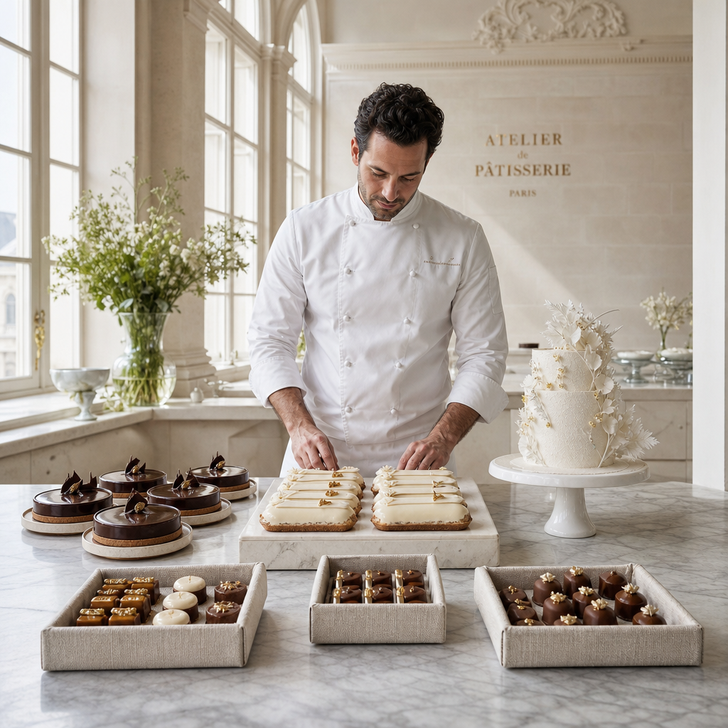 Pastry chef with a large order of elegantly plated desserts in a bright atelier