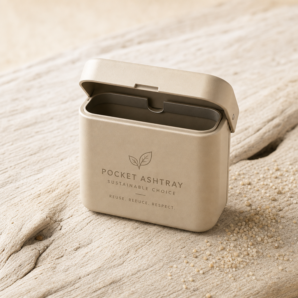 Sandy beige pocket ashtray tin with flip lid on driftwood