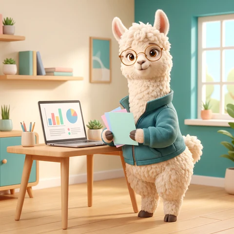 The same mascot presenting a laptop in an office