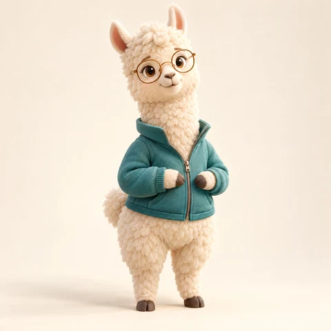 Alpaca mascot wearing a teal jacket and glasses